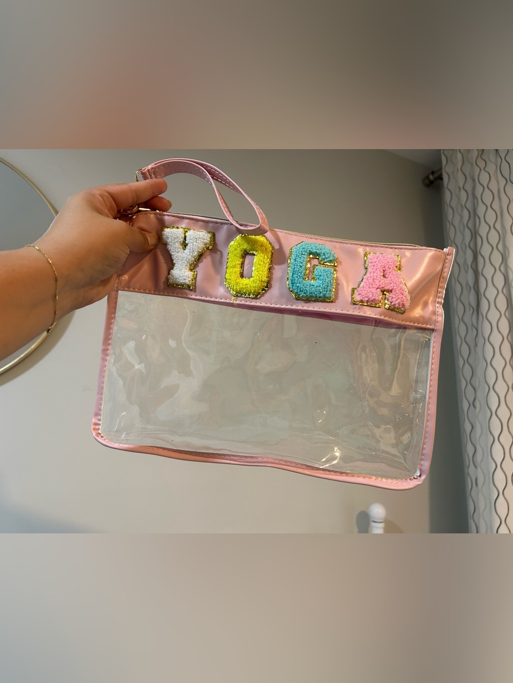 Pink Clear Wristlet Pouch with Multicolor Lettering